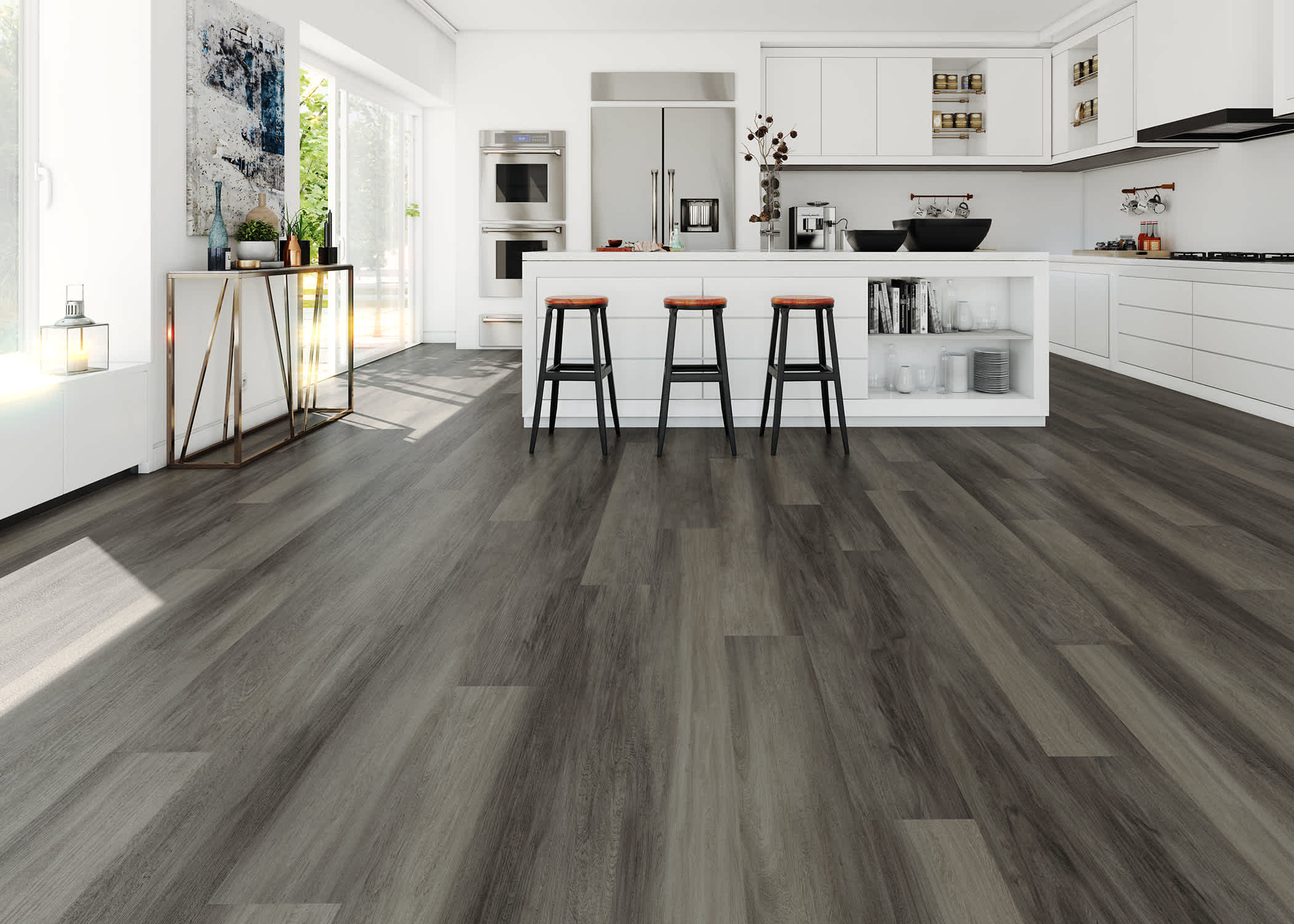 multi toned gray waterproof rigid vinyl plank floor in kitchen with white cabinets and countertops plus oversized island with three black barstools