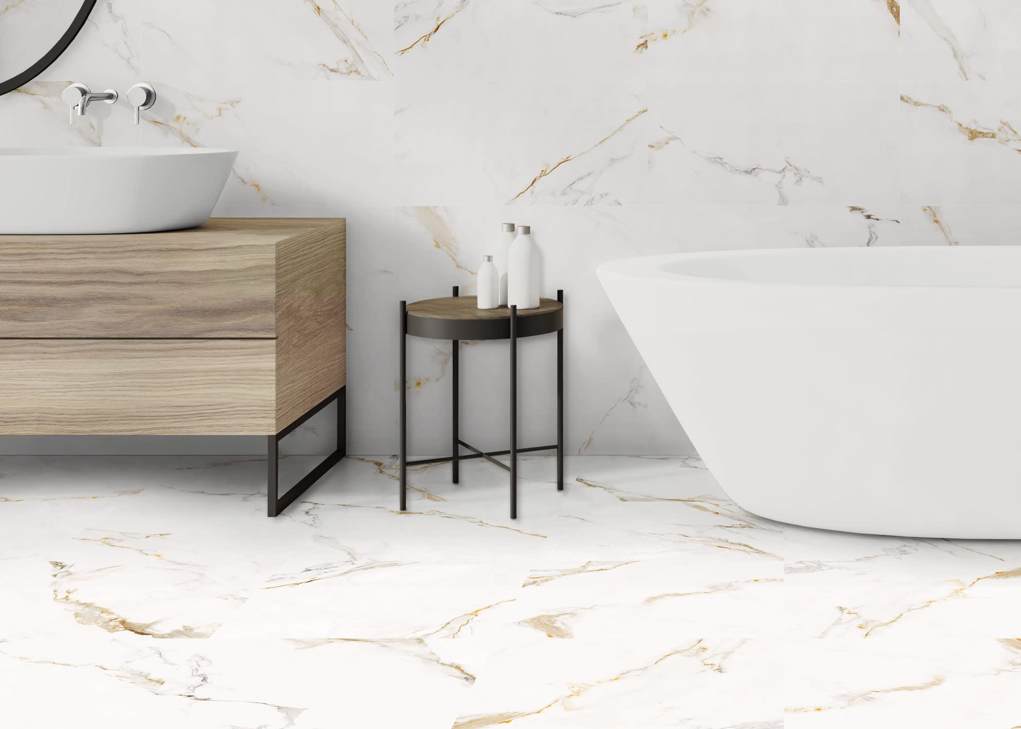 12 in. x 24 in. Marmo Imperiale Stone Look Porcelain Tile Flooring in bathroom with tile on floor and wall plus oval white freestanding tub and light wood vanity with vessel sink