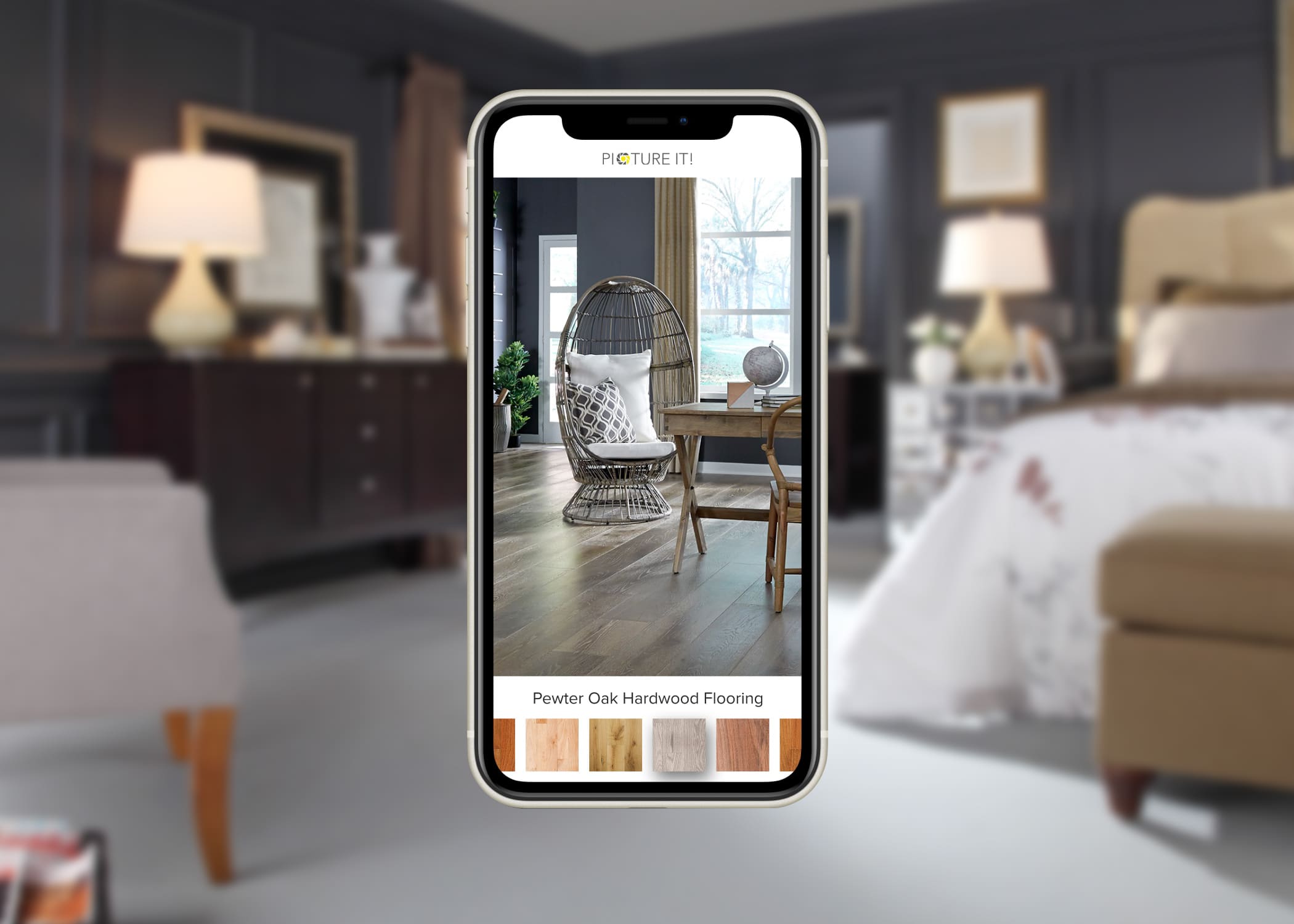mobile phone showing customer room with flooring options below and blurred bedroom scene behind phone