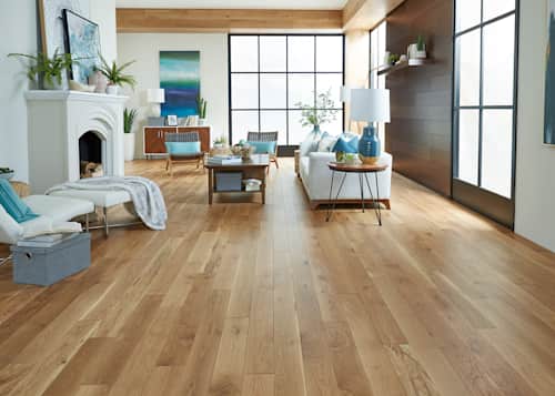 somersworth oak distressed solid hardwood flooring in living room
