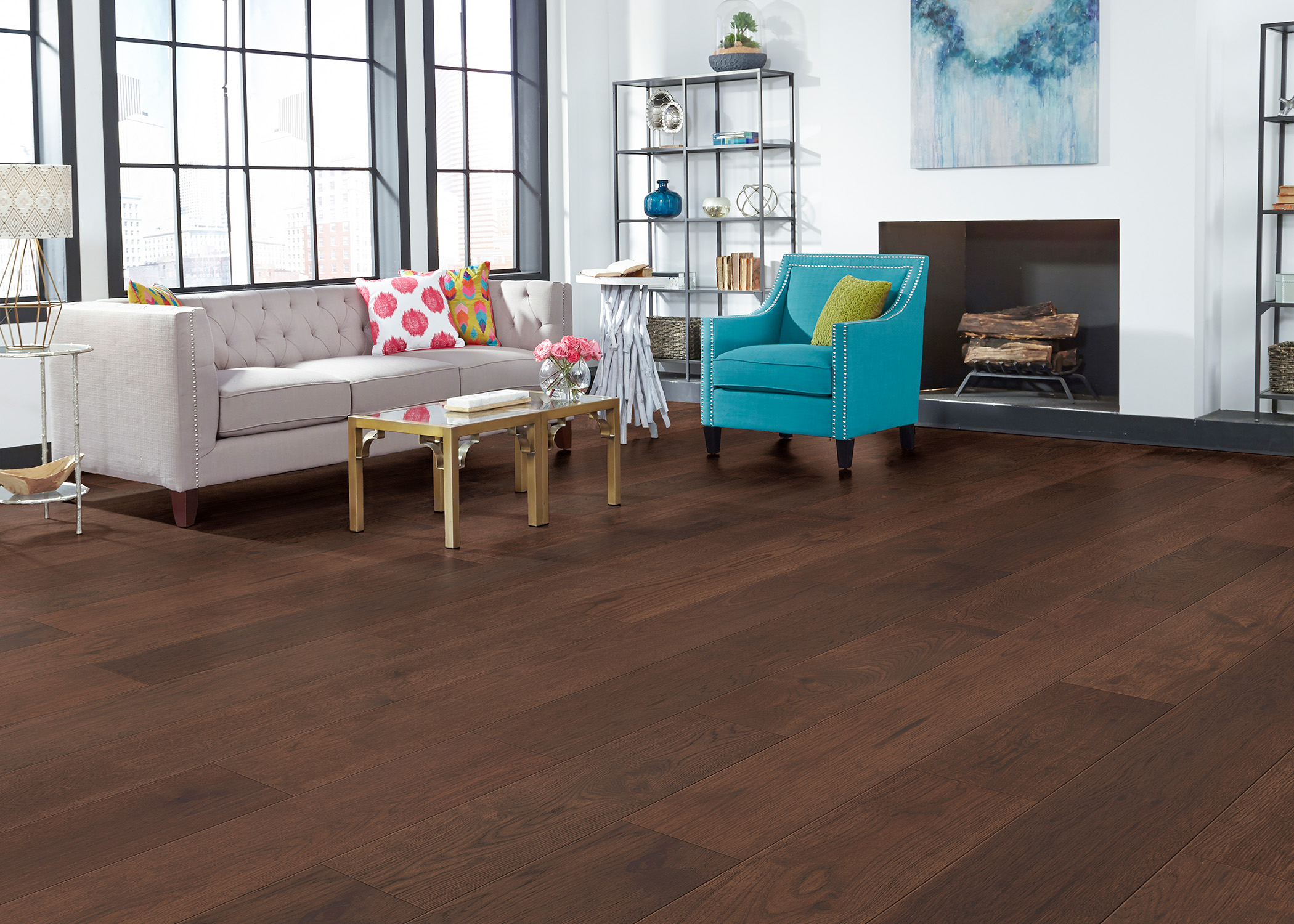 living room with engineered hardwood flooring