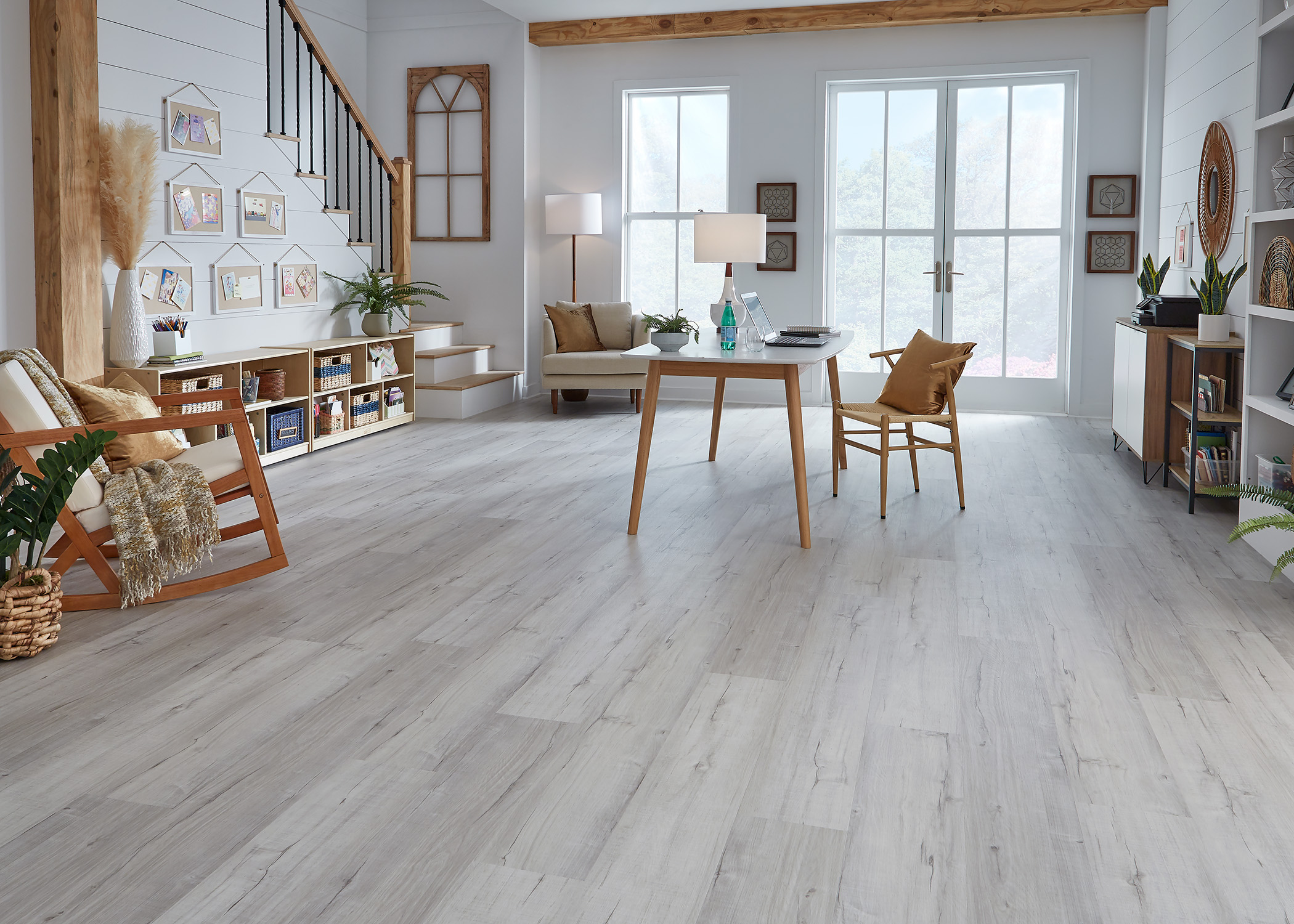 living room with Juneau White Oak Waterproof Rigid Vinyl Plank Flooring 
