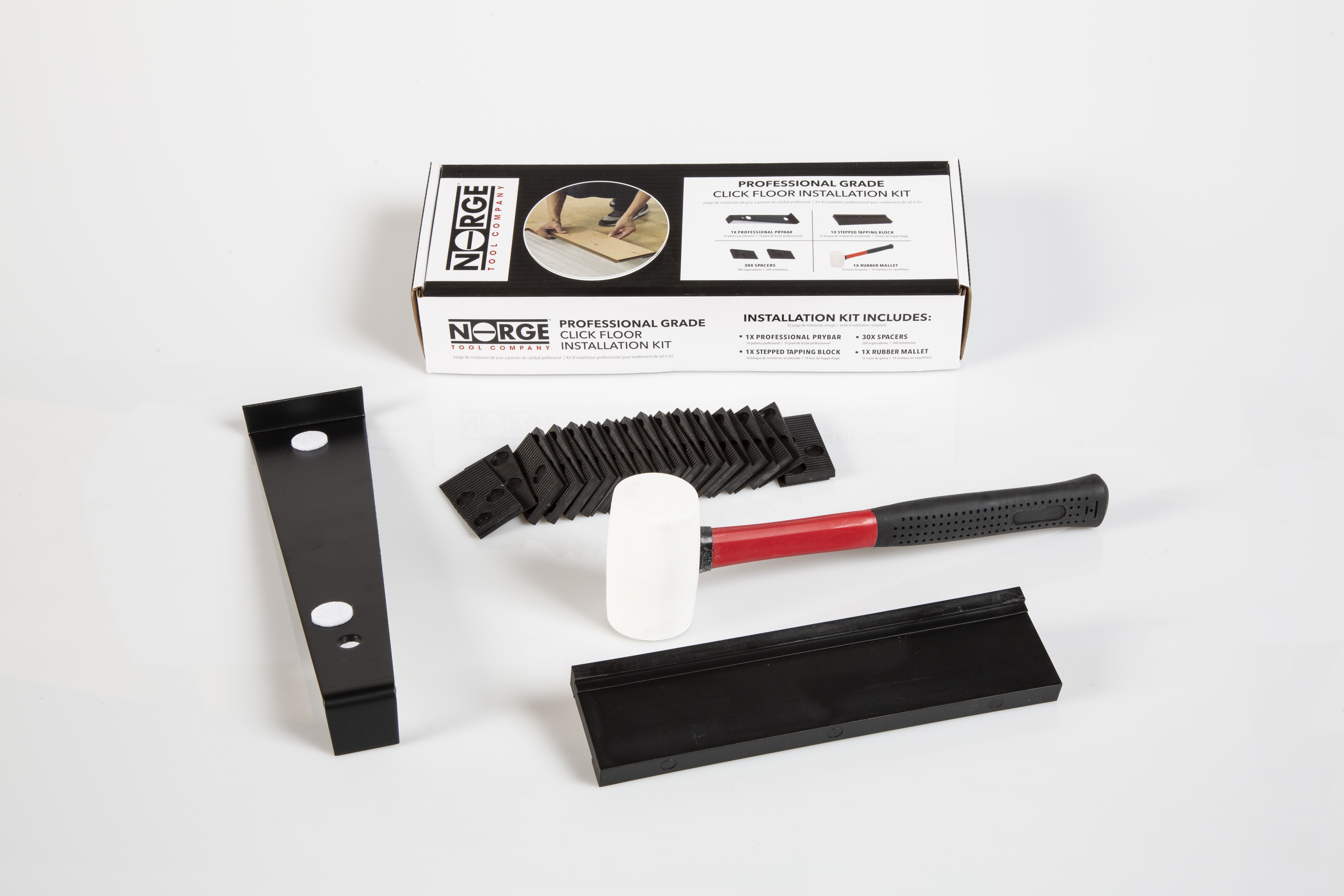 image shows item contained in norge click-flooring install kit: pull bar, mallet, spacers, tapping block