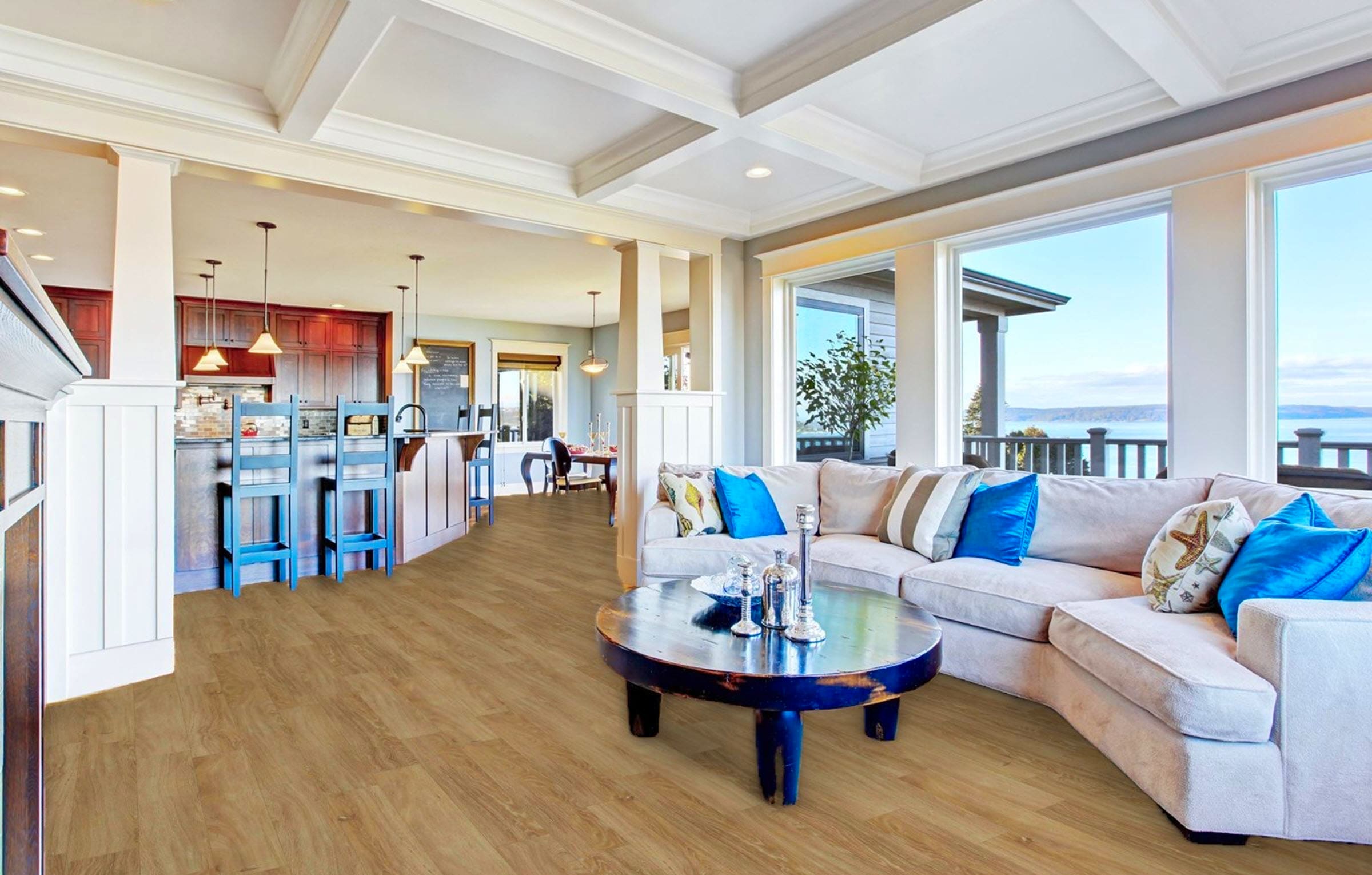 large oceanfront living room with corn silk oak waterproof vinyl flooring