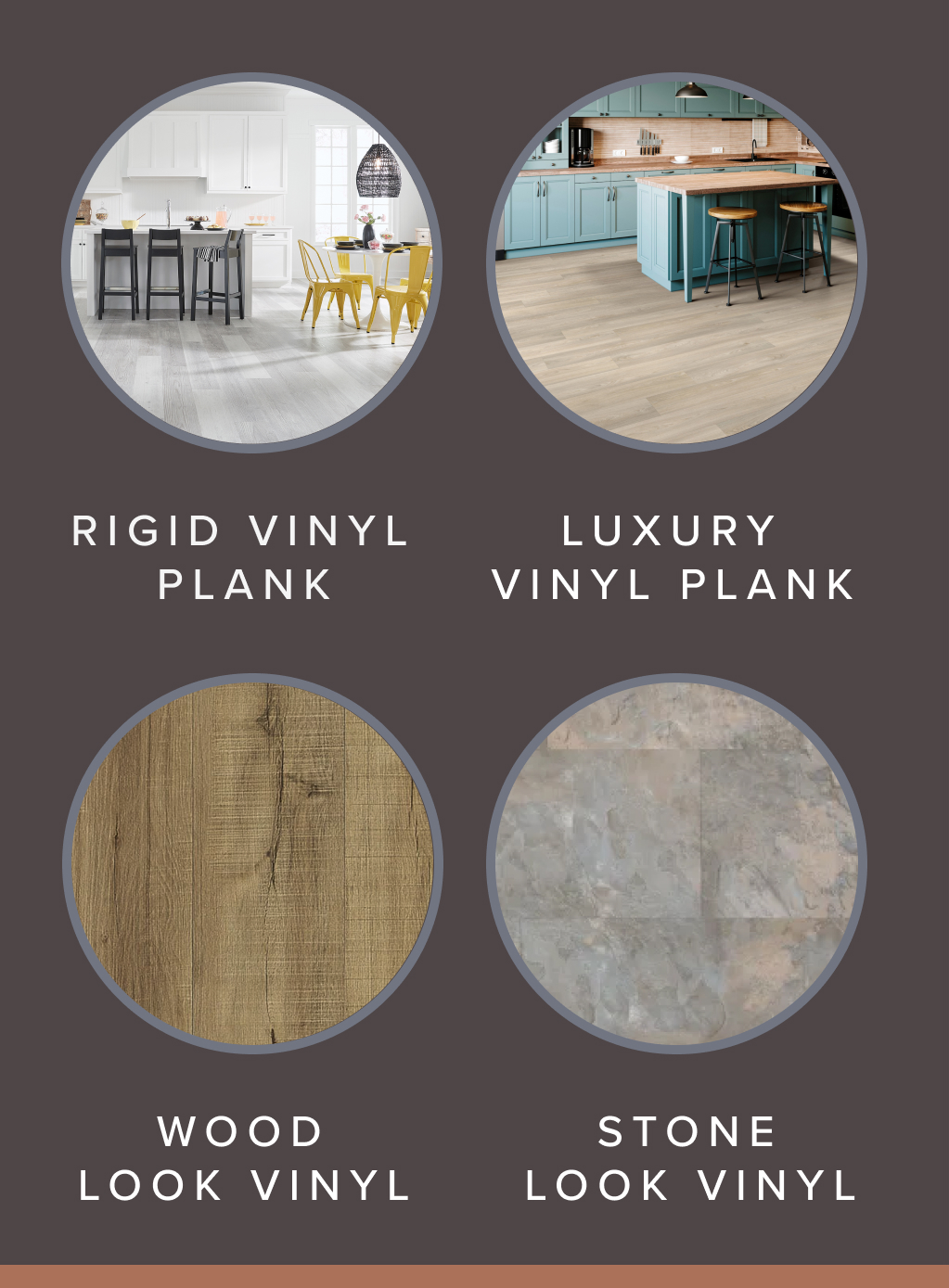 graphic showing wood and stone look vinyl flooring options
