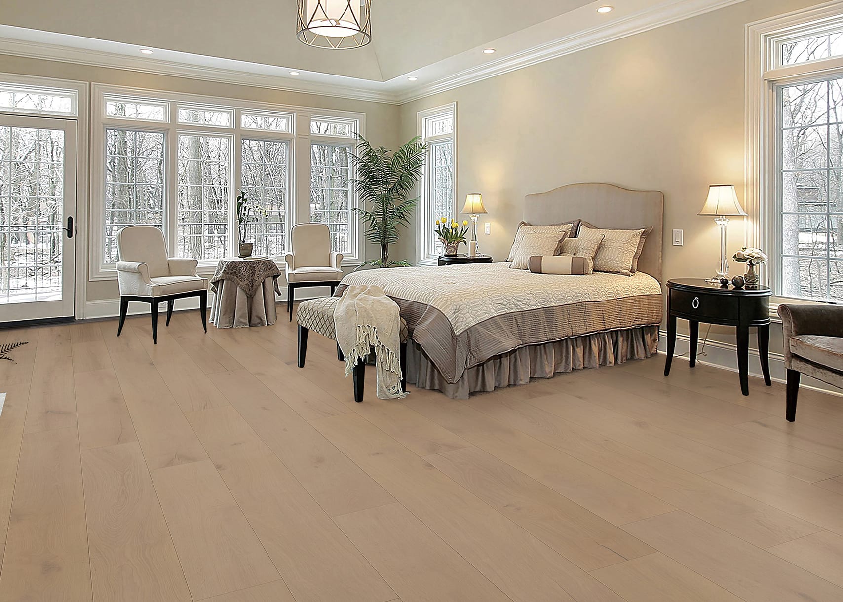 bedroom with warm white lights added and wood flooring