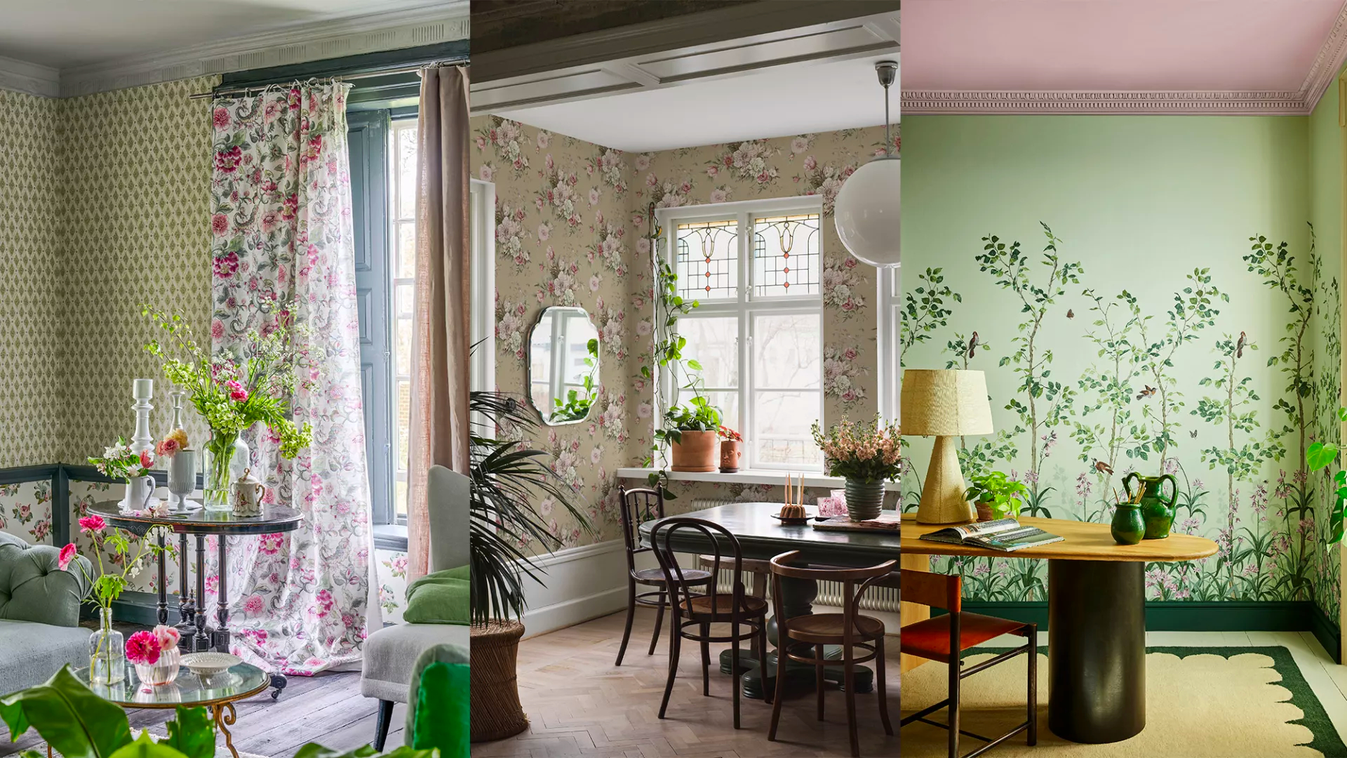 Three colorful dining rooms with floral wallpaper