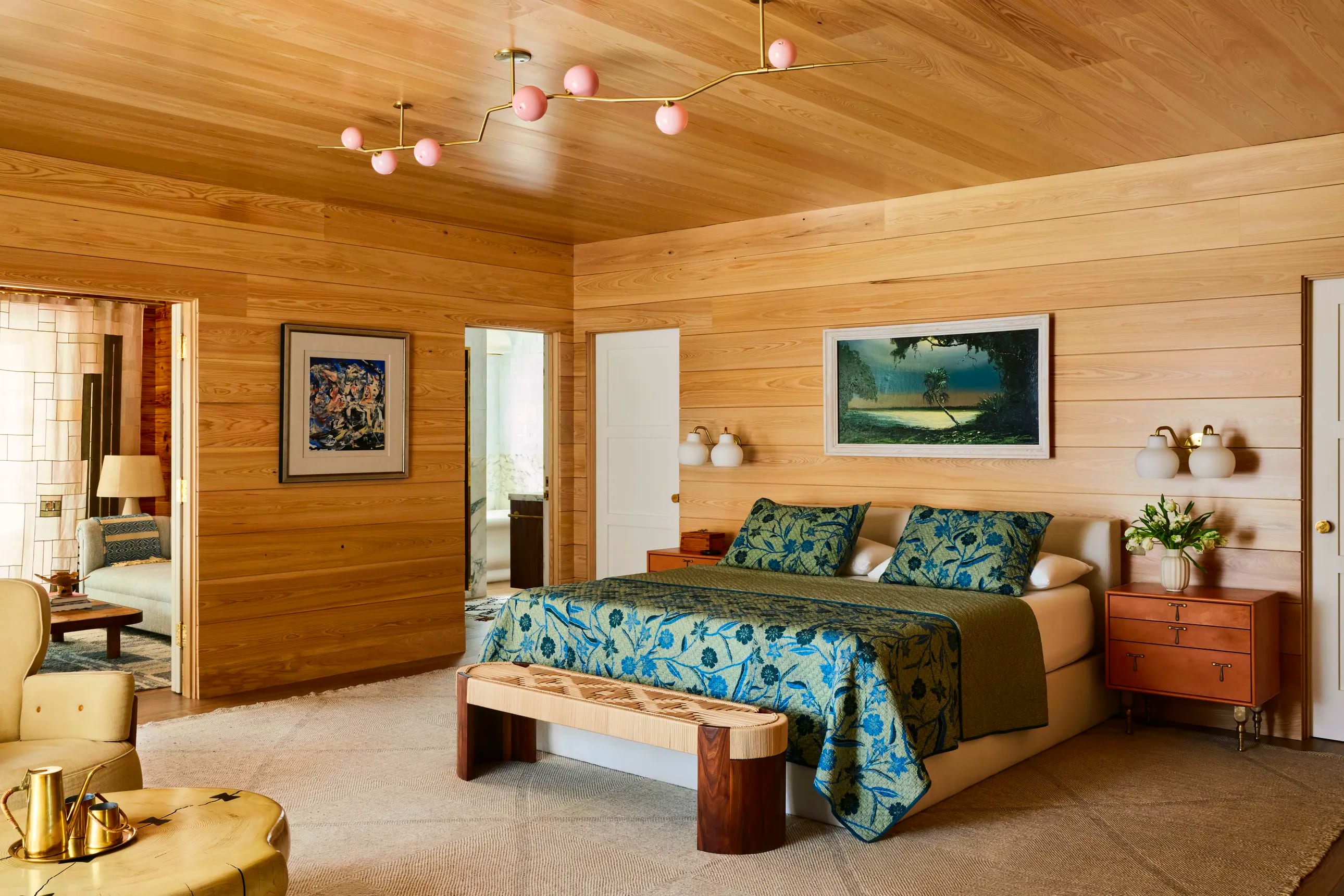 bedroom with wood on walls and coastal style