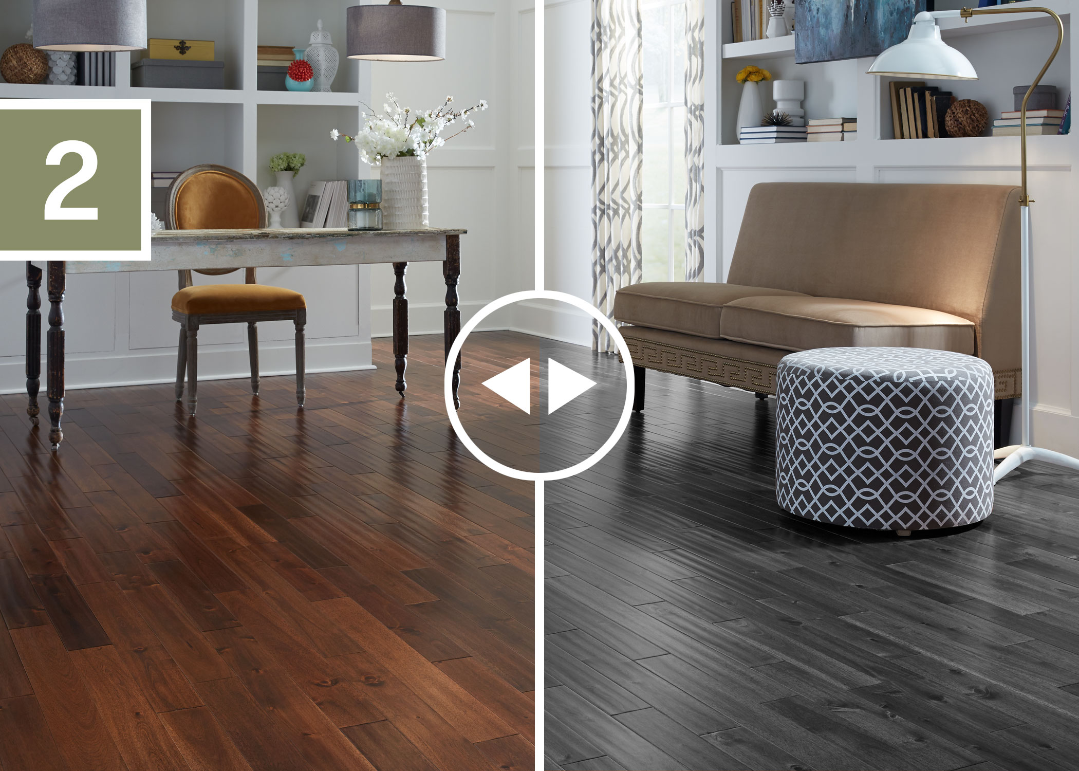a living room is shown with two different flooring styles