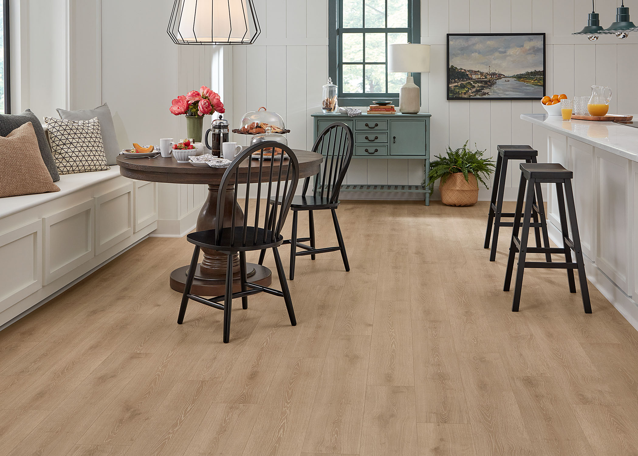 a dining room with waterproof hybrid resilient flooring
