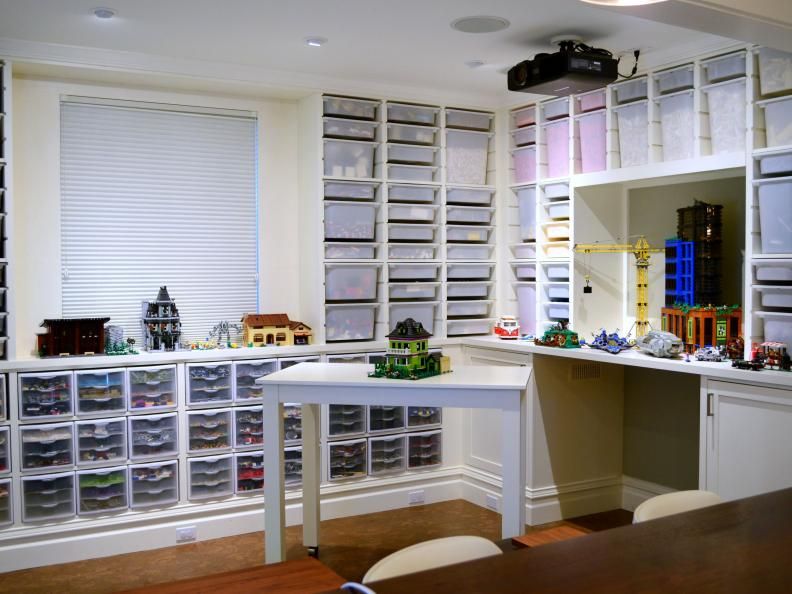 A basement with white shelving