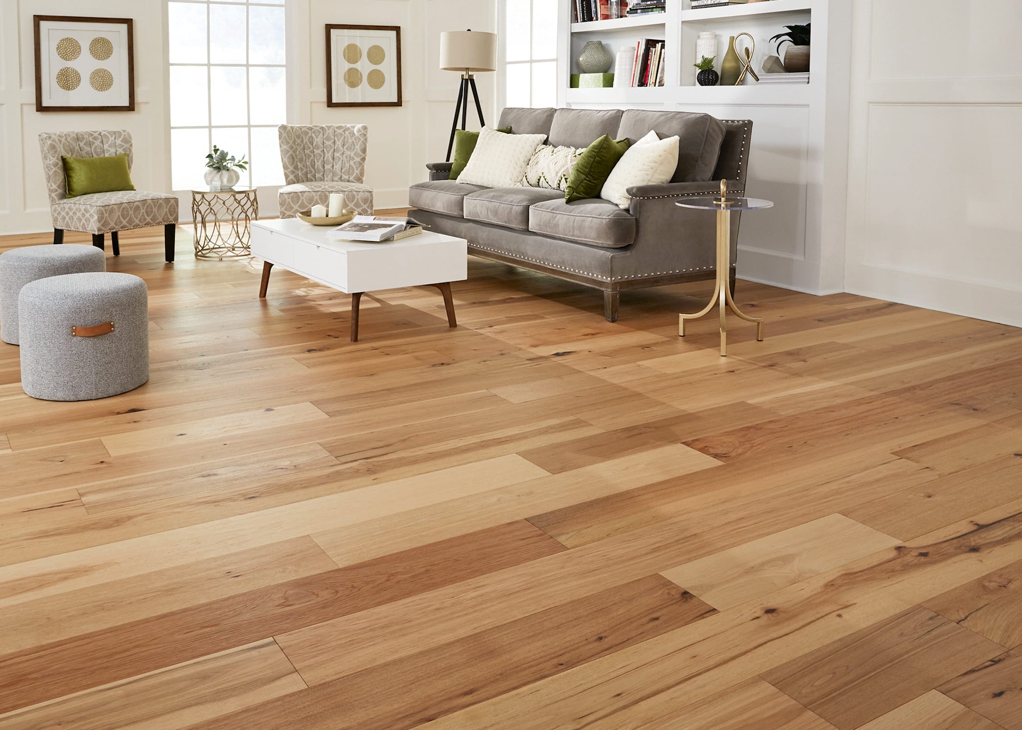 living room with rustic hickory hardwood flooring from ll flooring