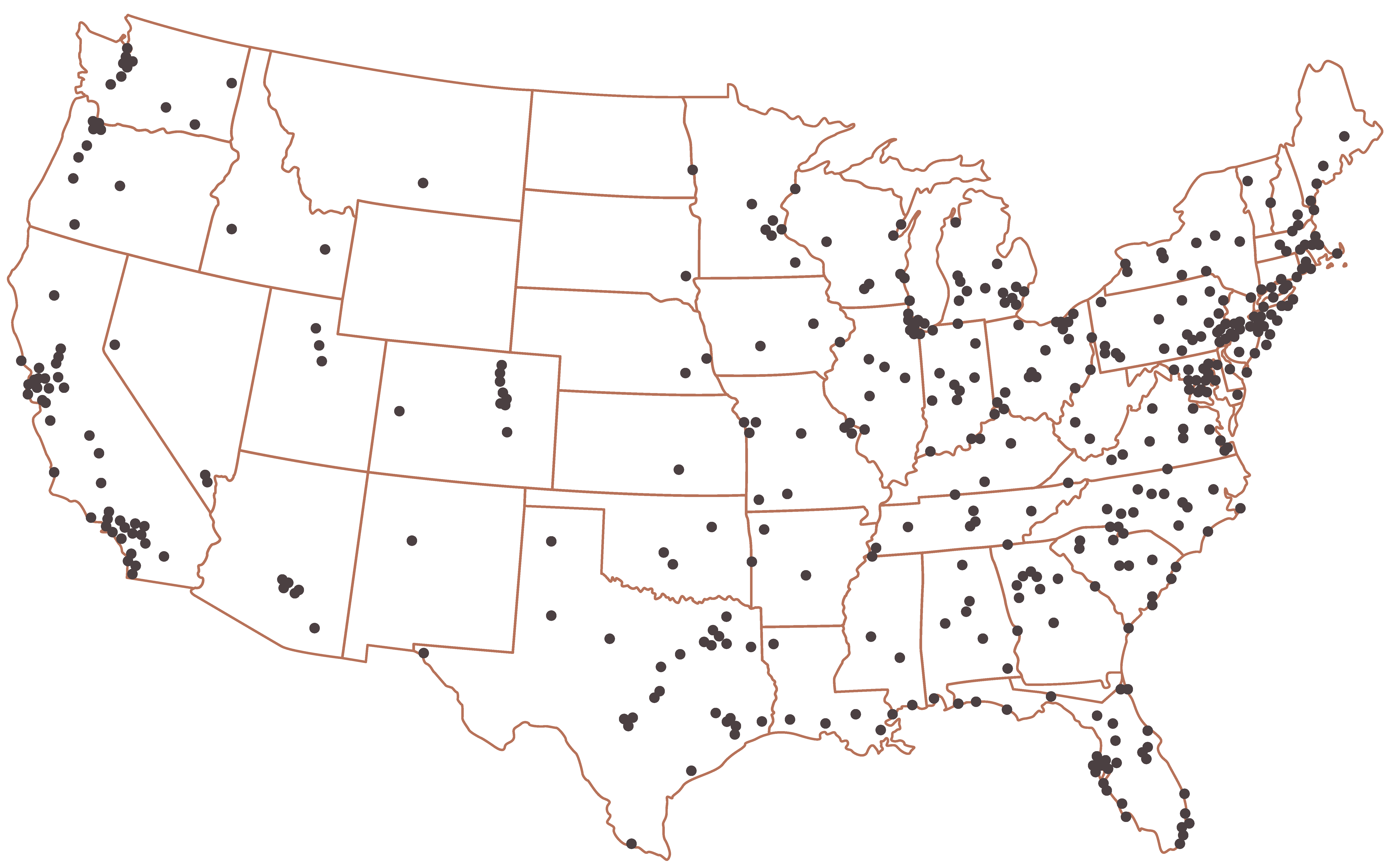 US map showing store locations across country