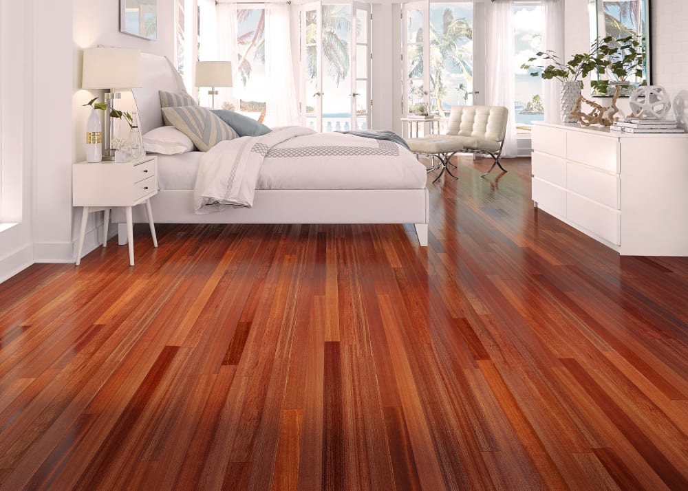 3/4 in x 3.25 in Select Bloodwood Solid Hardwood Flooring in bedroom with white furnishings
