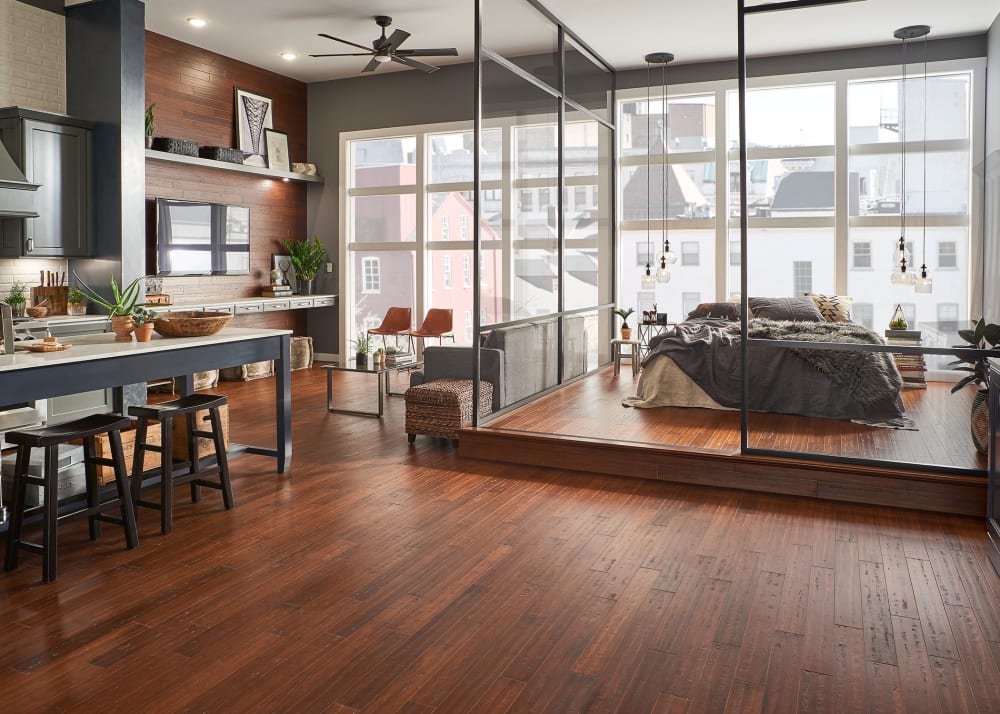 Roasted Almond Strand Distressed Click Engineered Bamboo Flooring in Bedroom, Living Room, and Kitchen
