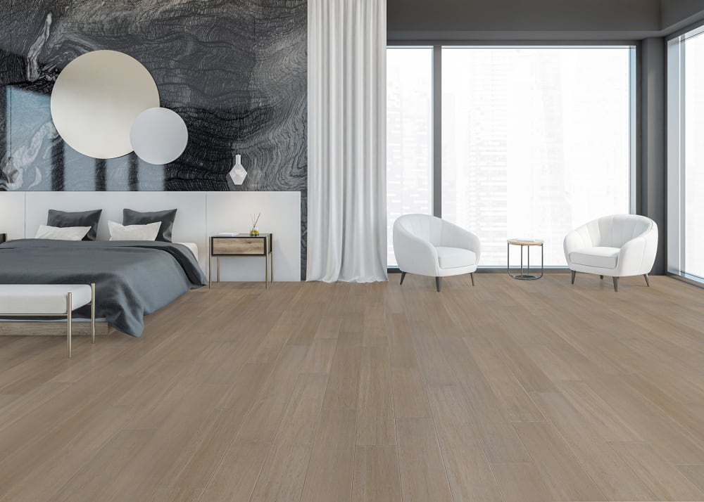 3/8 in x 3.86 in Mesa Verde Distressed Water-Resistant Engineered Bamboo Flooring in modern bedroom with white leather chairs