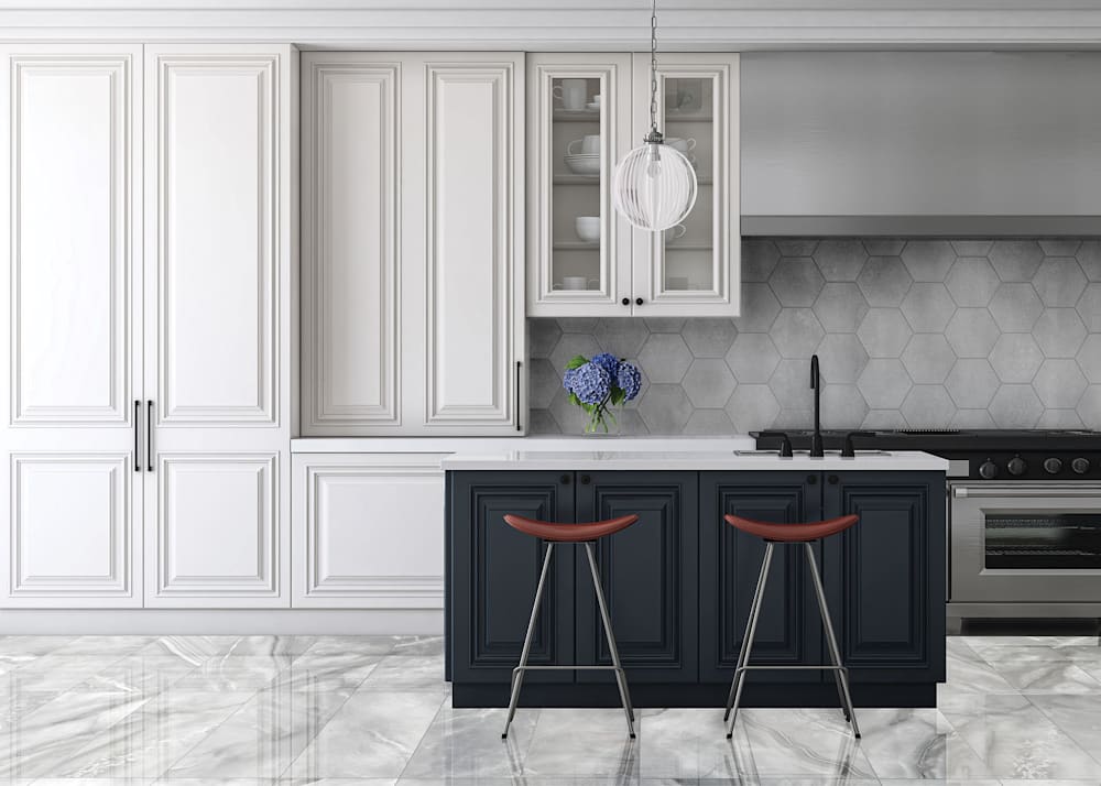 12 in. x 24 in. Renaissance Pearl Stone Look Porcelain Tile Flooring in kitchen with white cabinets and white countertops plus black island cabinets and white countertop