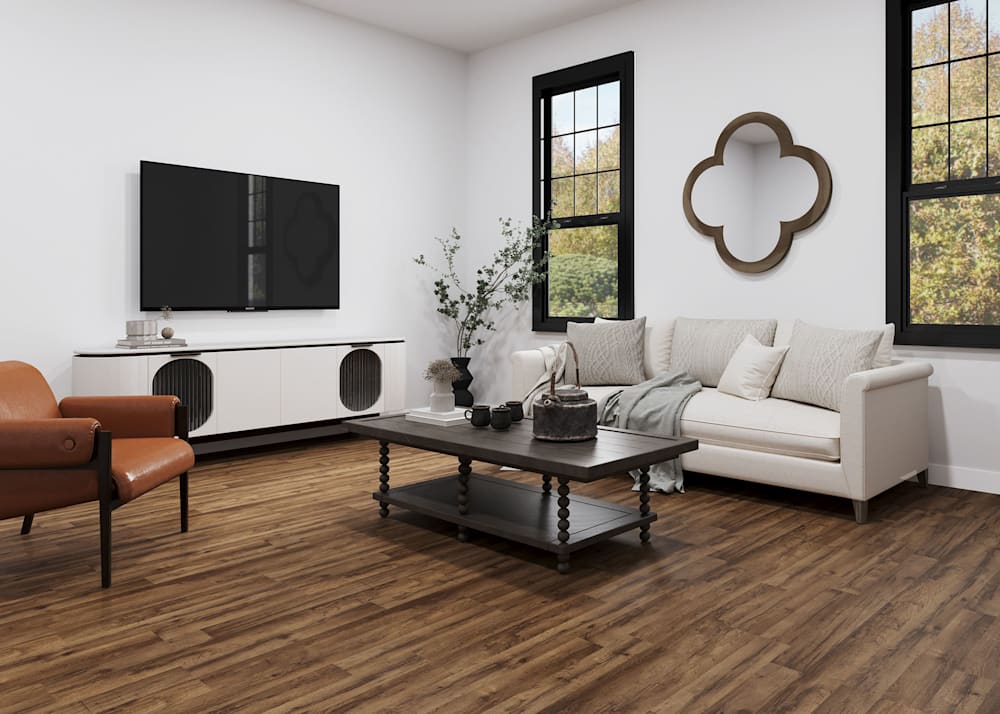 7mm Parlor Oak Laminate Flooring in living room with beige sofa and caramel leather chair plus dark brown coffee table