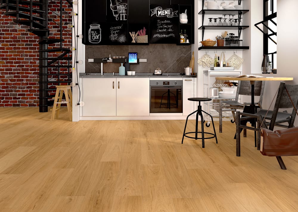 6.5mm with Pad Luven Oak Waterproof Rigid Vinyl Plank Flooring in open concept kitchen and living room with metal spiral staircase plus red brick wall and white kitchen cabinets with chalk wall