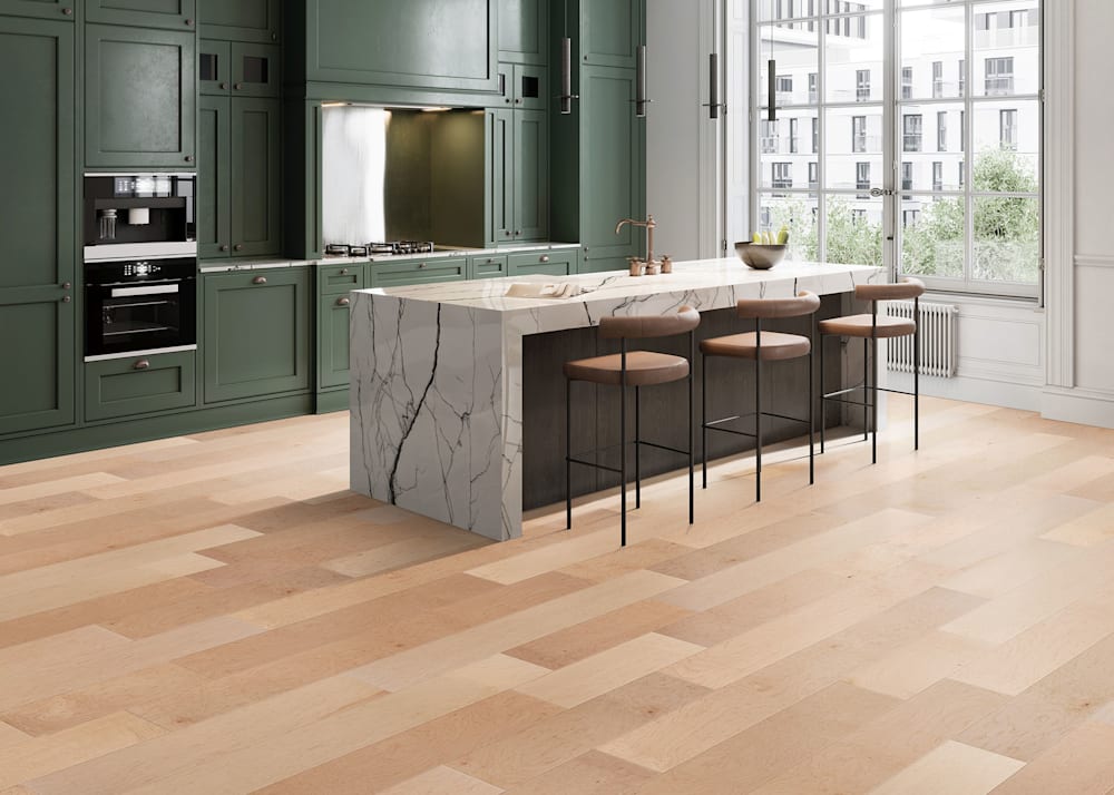 7/16 in. x 5.4 in. Select Maple Engineered Hardwood Flooring in kitchen with marble waterfall island plus dark green cabinets and brown leather bar stools