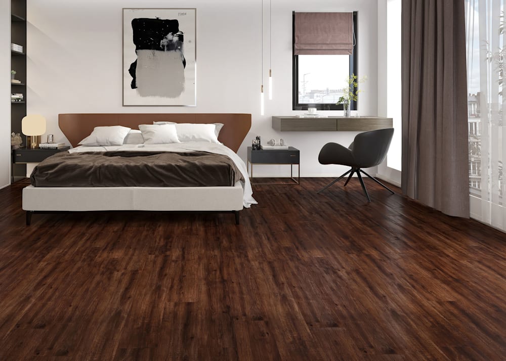 5mm with Pad Horizon Hickory Waterproof Rigid Vinyl Plank Flooring in bedroom with dark brown bedding and floating work station with dark brown chair