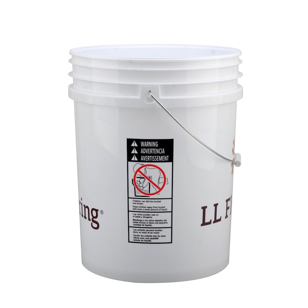 5-Gallon White Bucket with warning label on side
